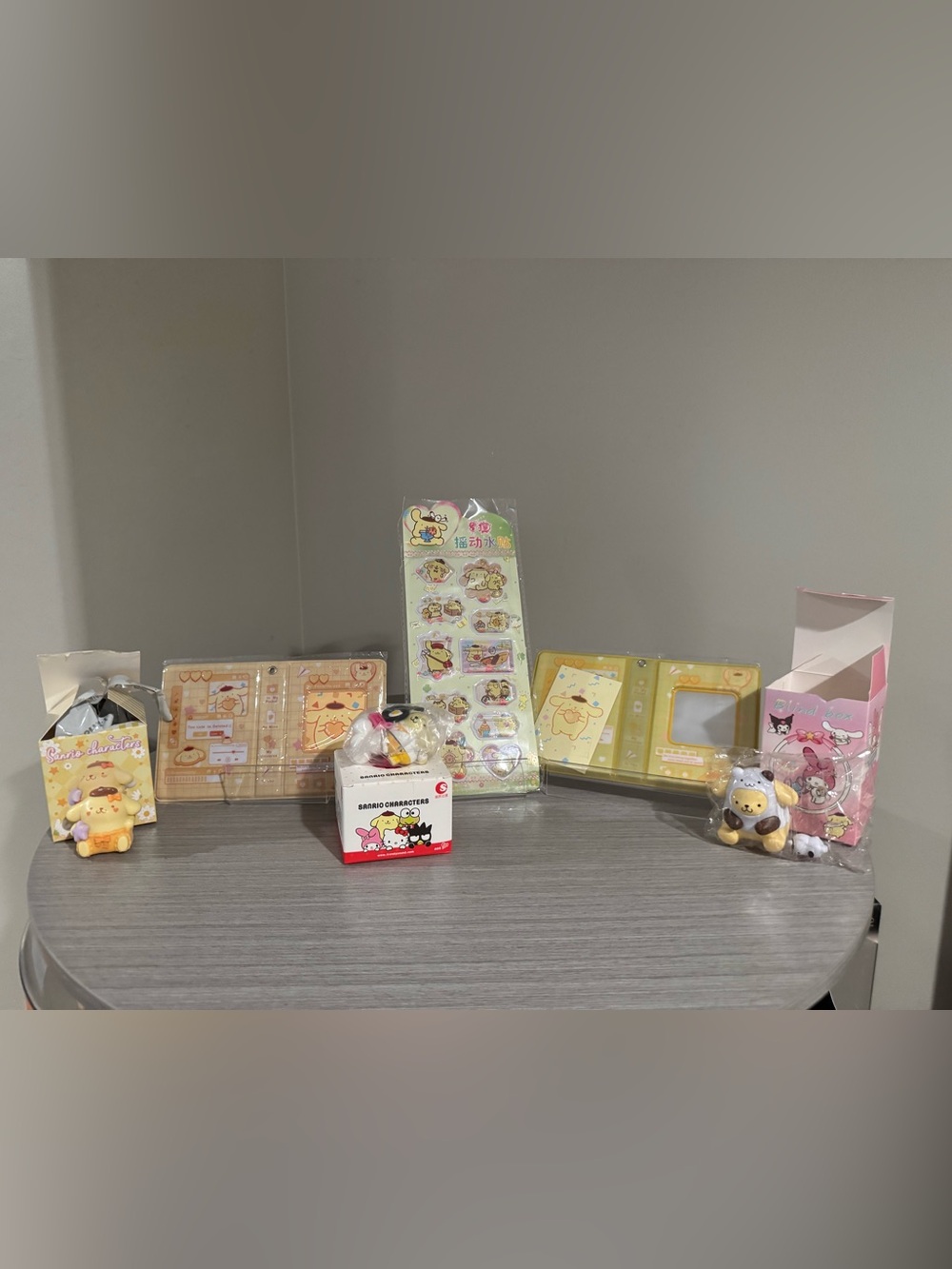 Sanrio Pompompurin Bundle - 3 mini figures , card/photo holders, sticker sheet